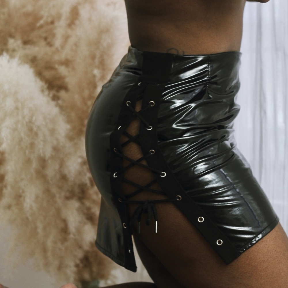 Vinyl Patent Leather Lace Up Mini Skirt - Picture 2 of 8